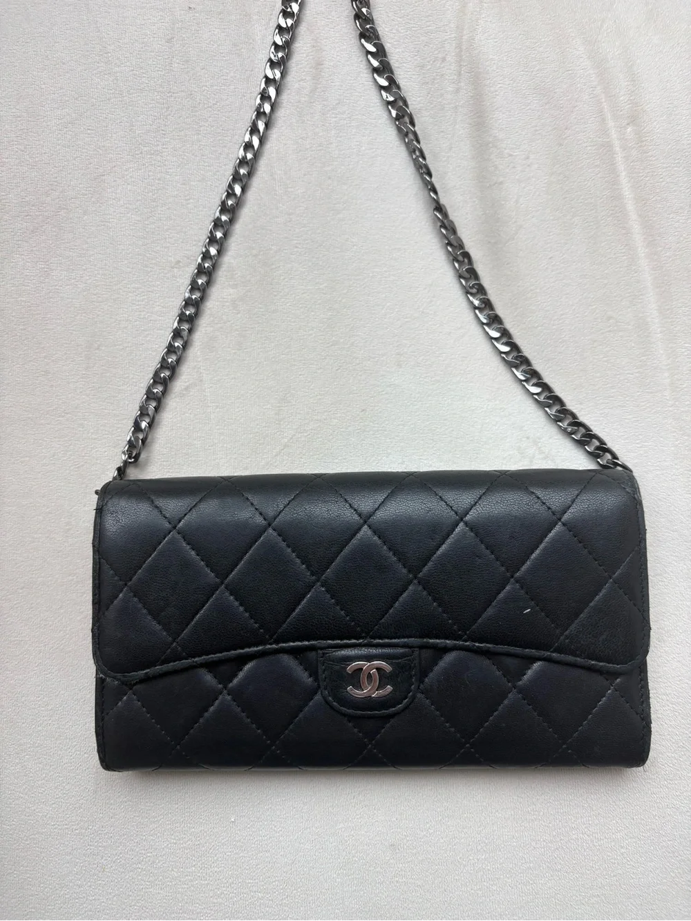AUTHENTIC CHANEL GUSSET FLAP  BLACK QUILTED LEATHER WALLET ON CHAIN